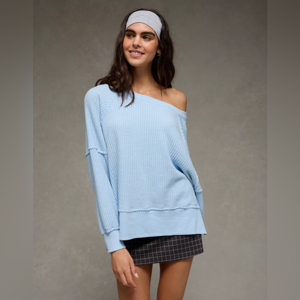 aerie waffle knit blue oversized long sleeve